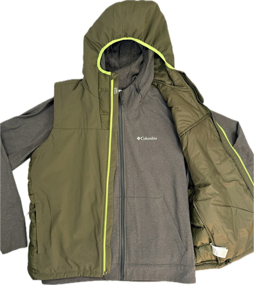 COLUMBIA Interchange Hoodie & 700 Down Vest Layered Jacket Sz XL Green Gray